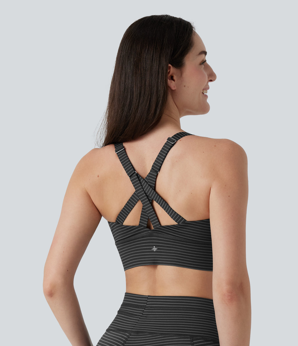 Medium Support Push Up Zipper Adjustable Built-in Bra Buckle Striped Running Sports Bra — Steel Stripe — view 4