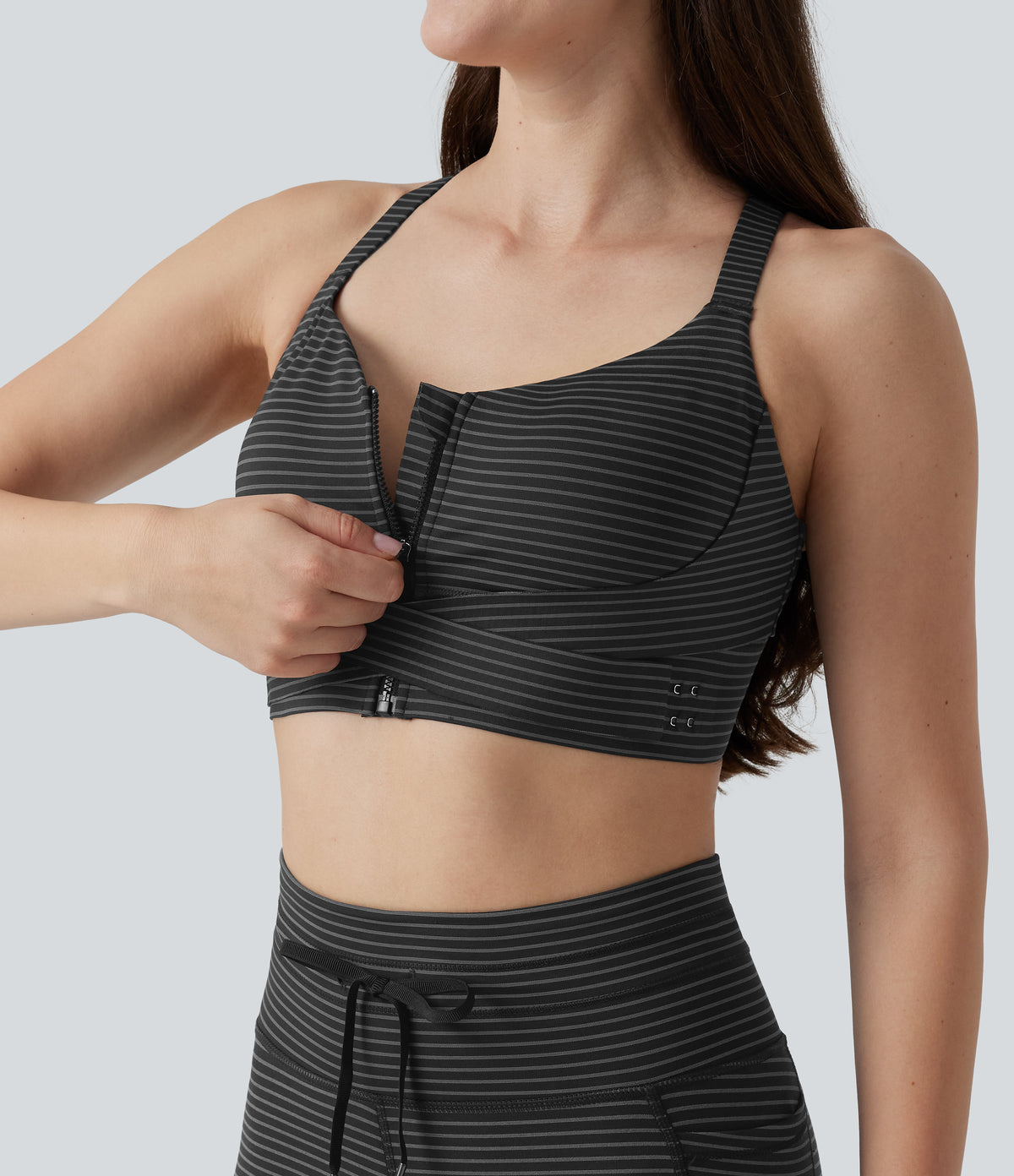 Medium Support Push Up Zipper Adjustable Built-in Bra Buckle Striped Running Sports Bra — Steel Stripe — view 7