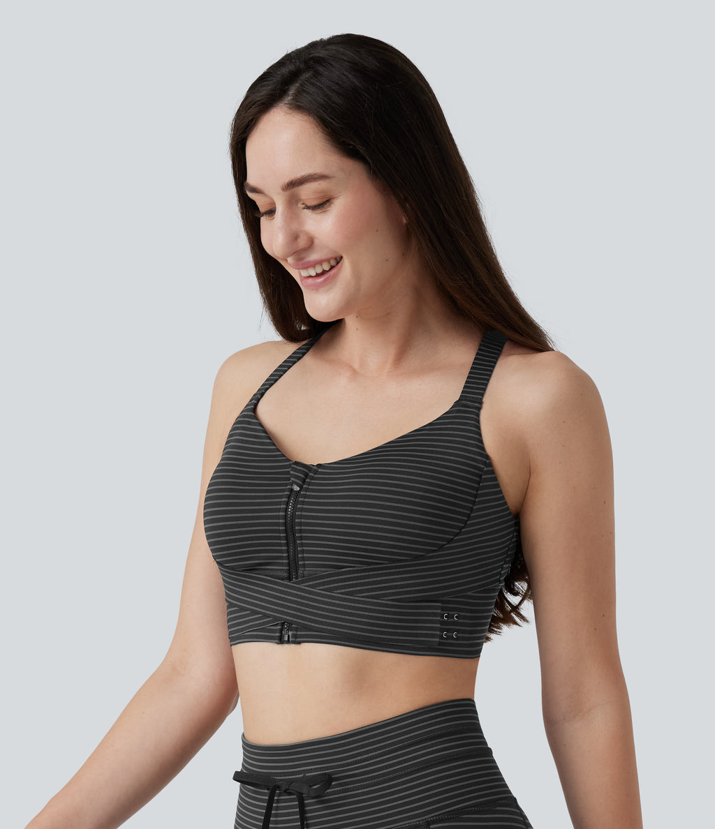Medium Support Push Up Zipper Adjustable Built-in Bra Buckle Striped Running Sports Bra — Steel Stripe — view 5