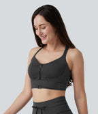 Medium Support Push Up Zipper Adjustable Built-in Bra Buckle Striped Running Sports Bra — Steel Stripe — view 5