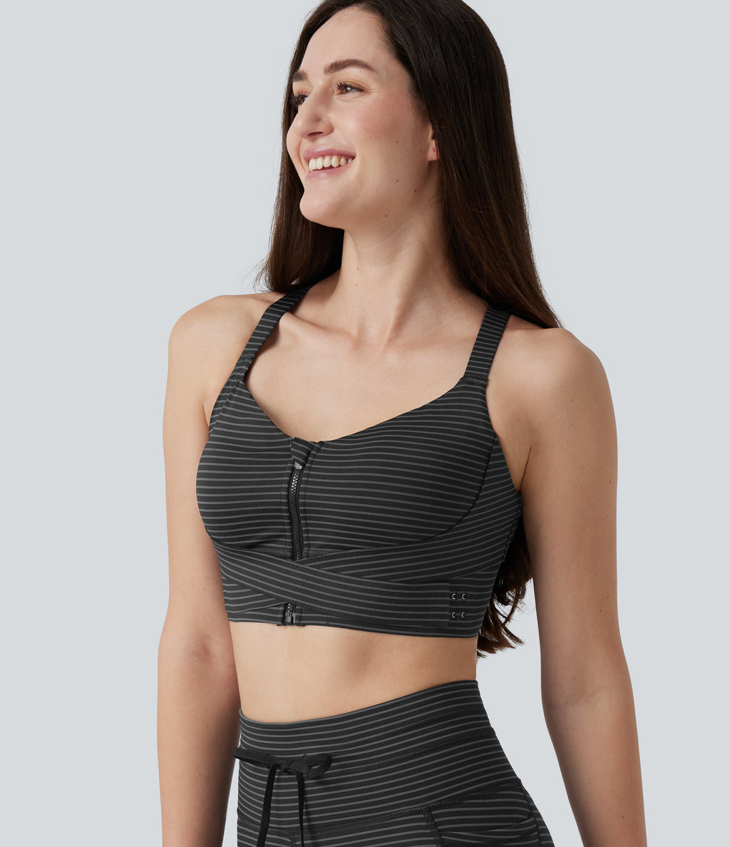 Medium Support Push Up Zipper Adjustable Built-in Bra Buckle Striped Running Sports Bra — Steel Stripe — view 3