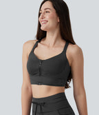 Medium Support Push Up Zipper Adjustable Built-in Bra Buckle Striped Running Sports Bra — Steel Stripe — view 3