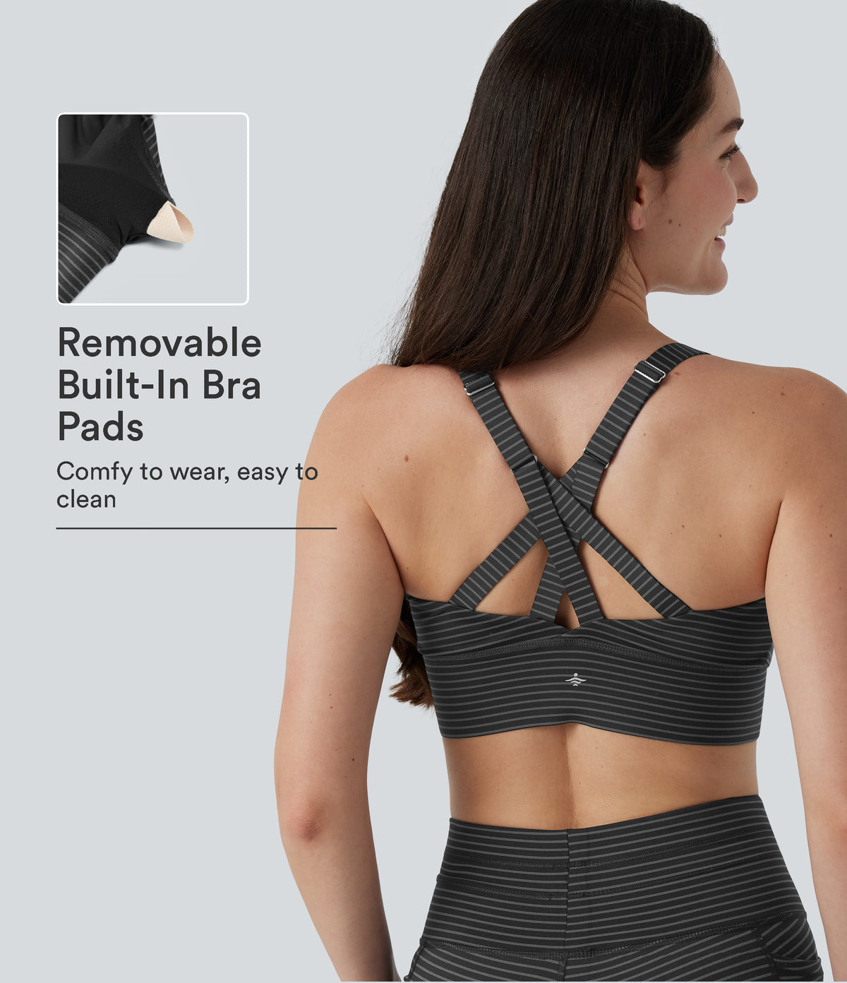 Medium Support Push Up Zipper Adjustable Built-in Bra Buckle Striped Running Sports Bra — Steel Stripe — view 1