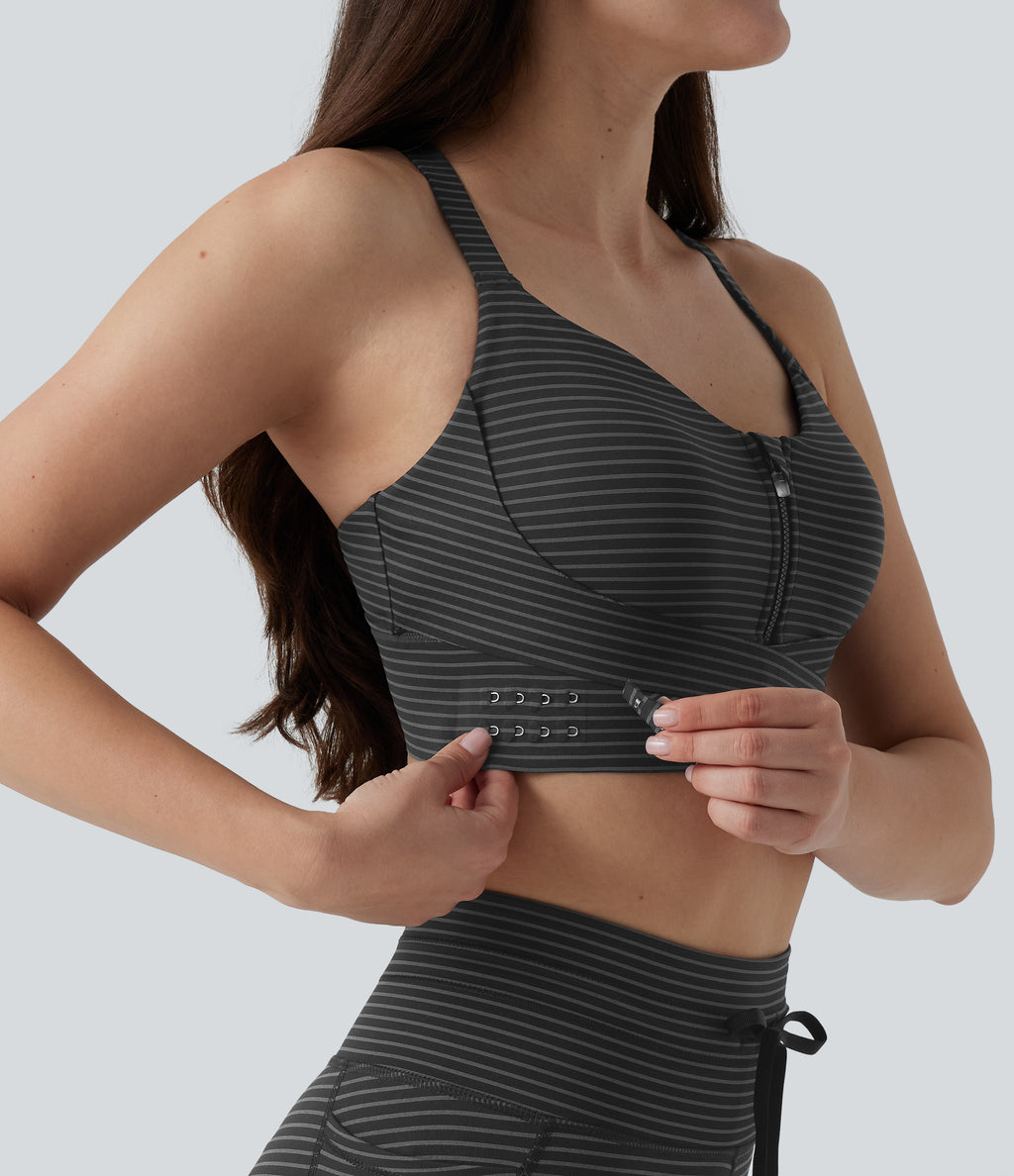 Medium Support Push Up Zipper Adjustable Built-in Bra Buckle Striped Running Sports Bra — Steel Stripe — view 8