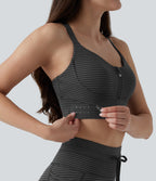 Medium Support Push Up Zipper Adjustable Built-in Bra Buckle Striped Running Sports Bra — Steel Stripe — view 8