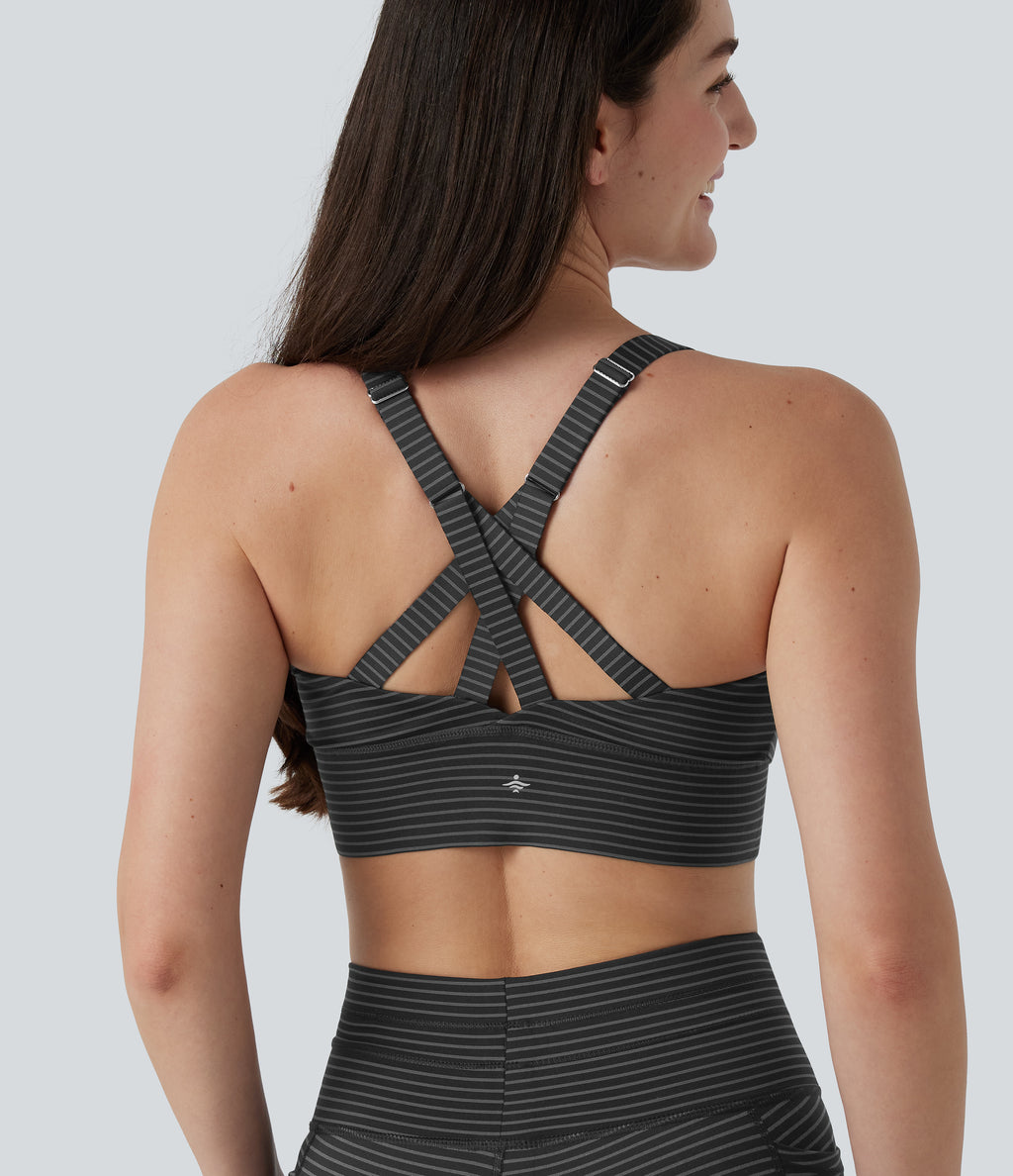 Medium Support Push Up Zipper Adjustable Built-in Bra Buckle Striped Running Sports Bra — Steel Stripe — view 6