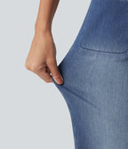 High Waisted Stretchy Knit Straight Leg Casual Jeans with Pockets — Tide Blue Denim — view 6