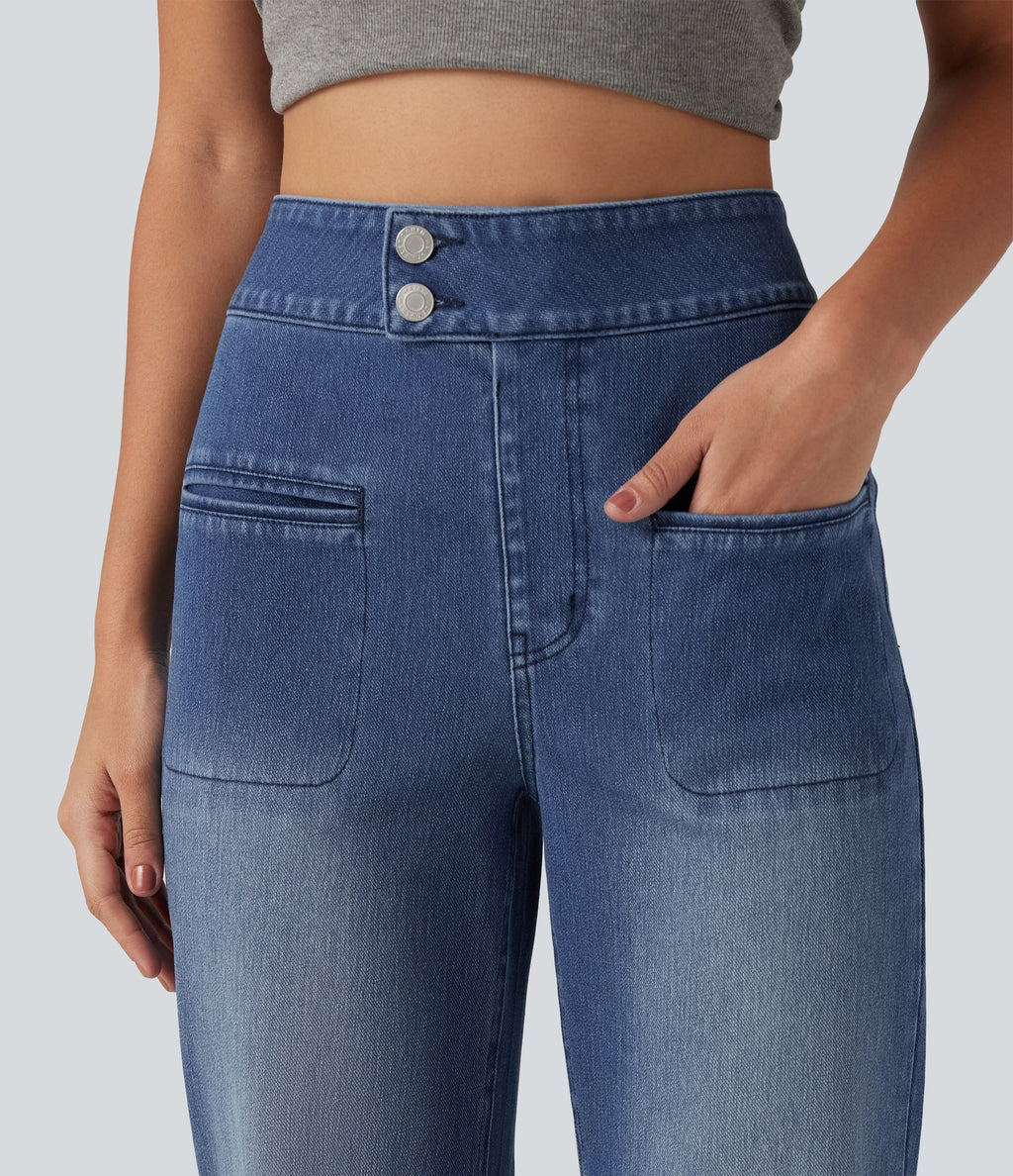 High Waisted Stretchy Knit Straight Leg Casual Jeans with Pockets — Tide Blue Denim — view 4