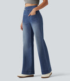 High Waisted Stretchy Knit Straight Leg Casual Jeans with Pockets — Tide Blue Denim — view 3
