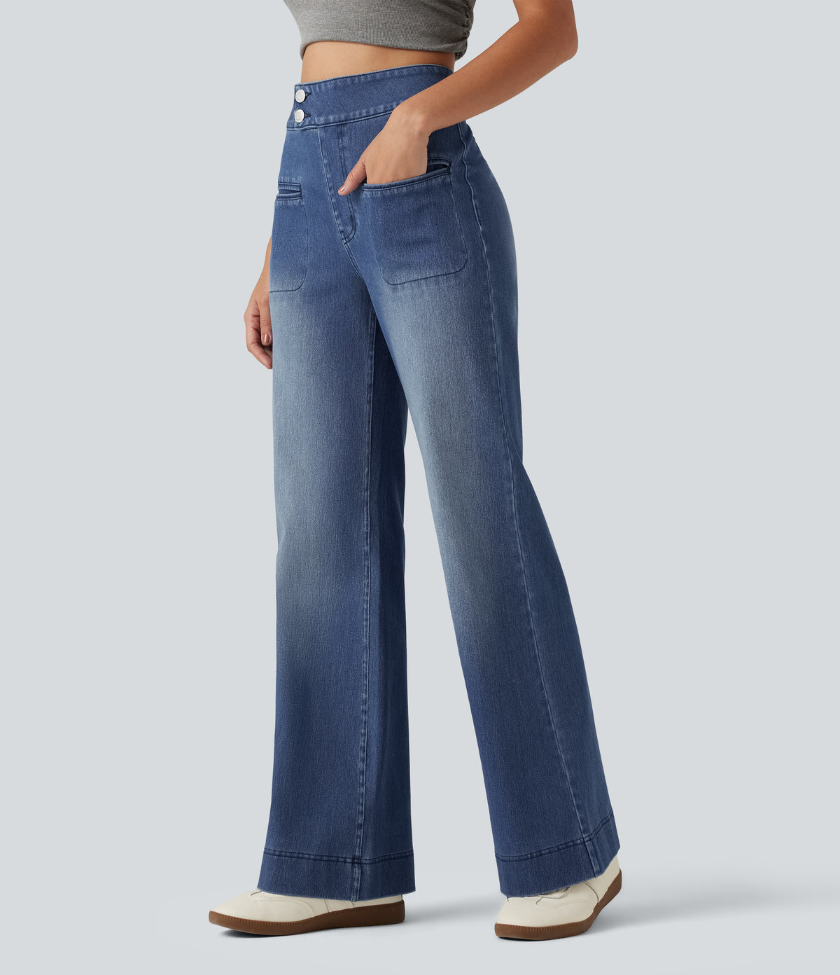 High Waisted Stretchy Knit Straight Leg Casual Jeans with Pockets — Tide Blue Denim — view 3