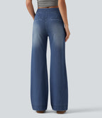 High Waisted Stretchy Knit Straight Leg Casual Jeans with Pockets — Tide Blue Denim — view 2