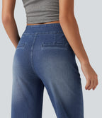 High Waisted Stretchy Knit Straight Leg Casual Jeans with Pockets — Tide Blue Denim — view 5
