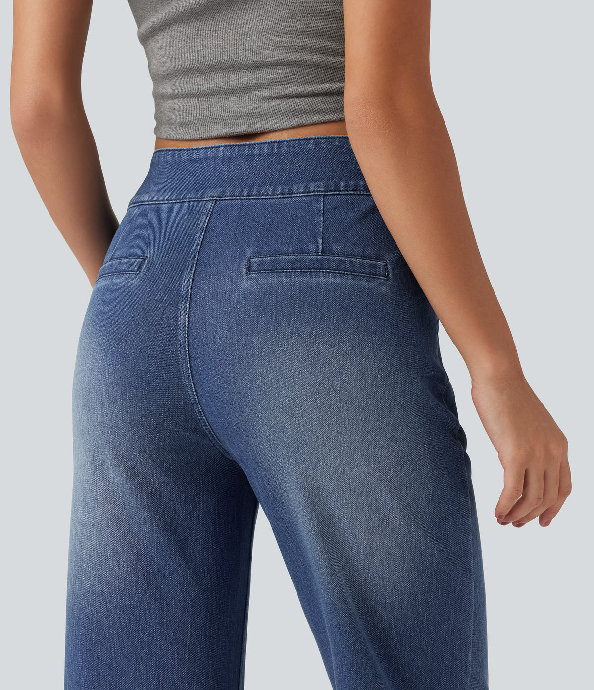 High Waisted Stretchy Knit Straight Leg Casual Jeans with Pockets — Tide Blue Denim — view 5