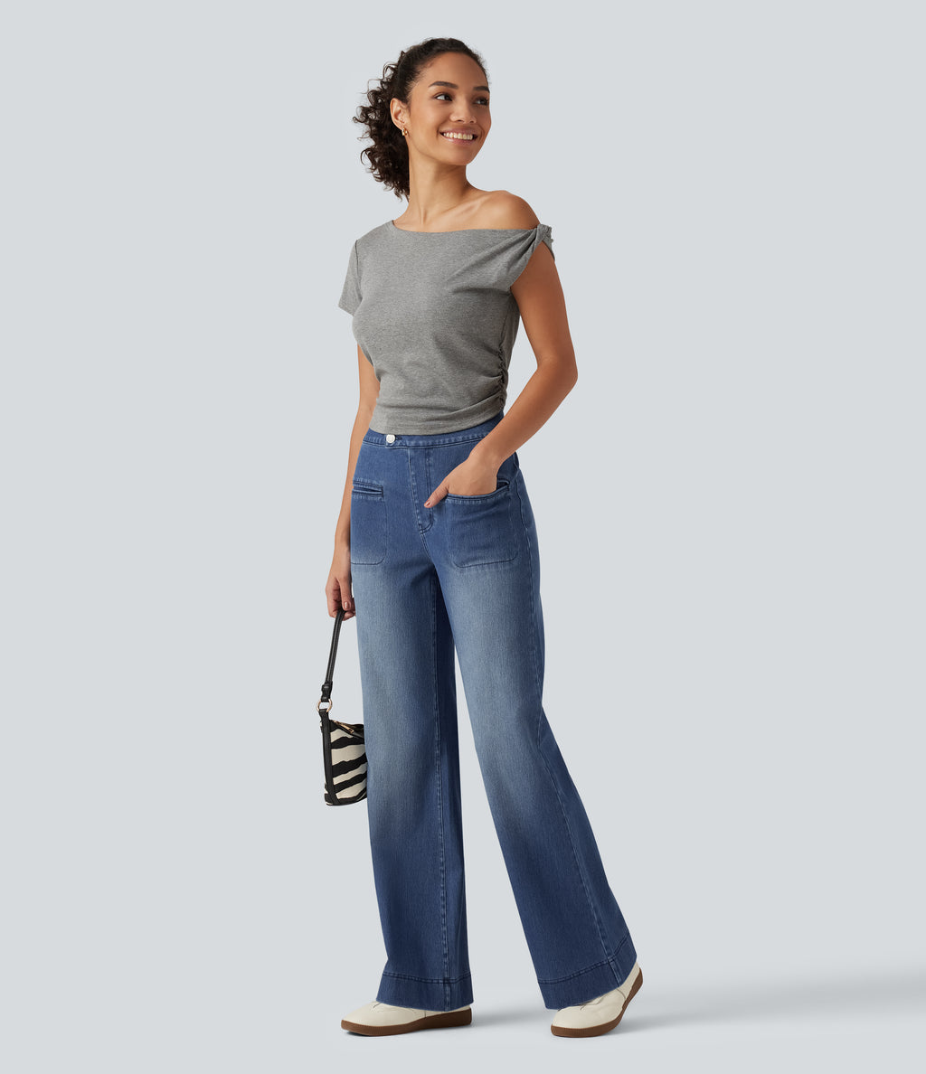 High Waisted Stretchy Knit Straight Leg Casual Jeans with Pockets — Tide Blue Denim — view 7