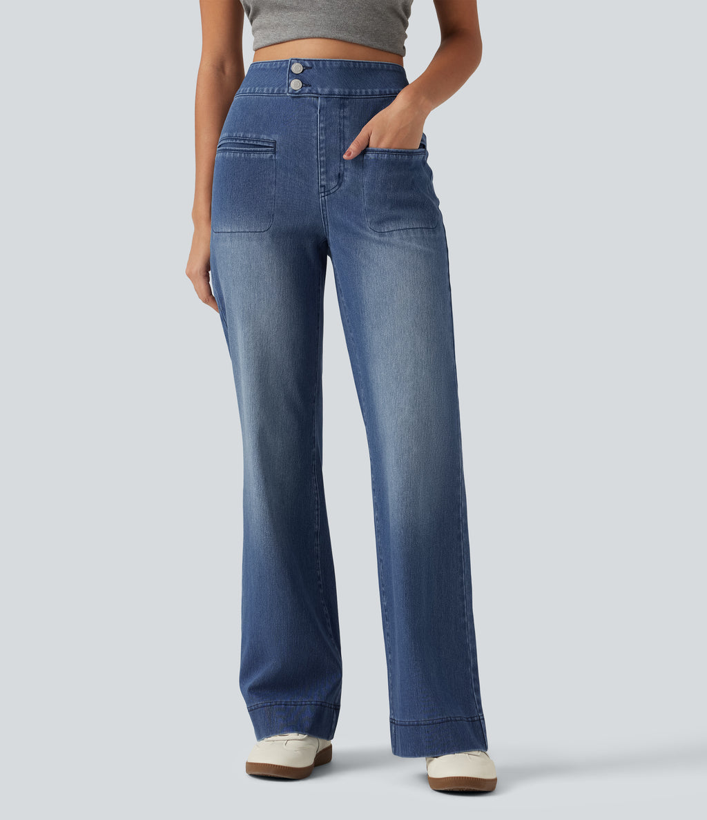 High Waisted Stretchy Knit Straight Leg Casual Jeans with Pockets — Tide Blue Denim — view 1