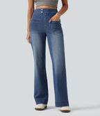 High Waisted Stretchy Knit Straight Leg Casual Jeans with Pockets — Tide Blue Denim — view 1