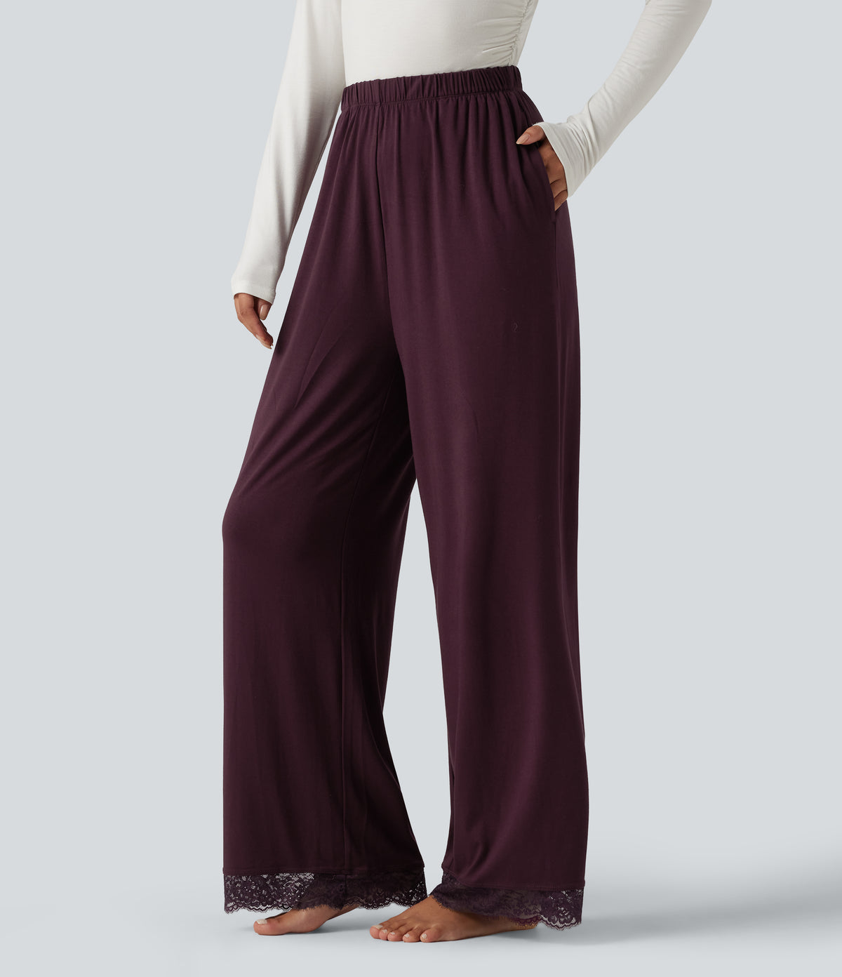 Mid Rise Contrast Lace Wide Leg Lounge Trousers with Pockets — Fig — view 3