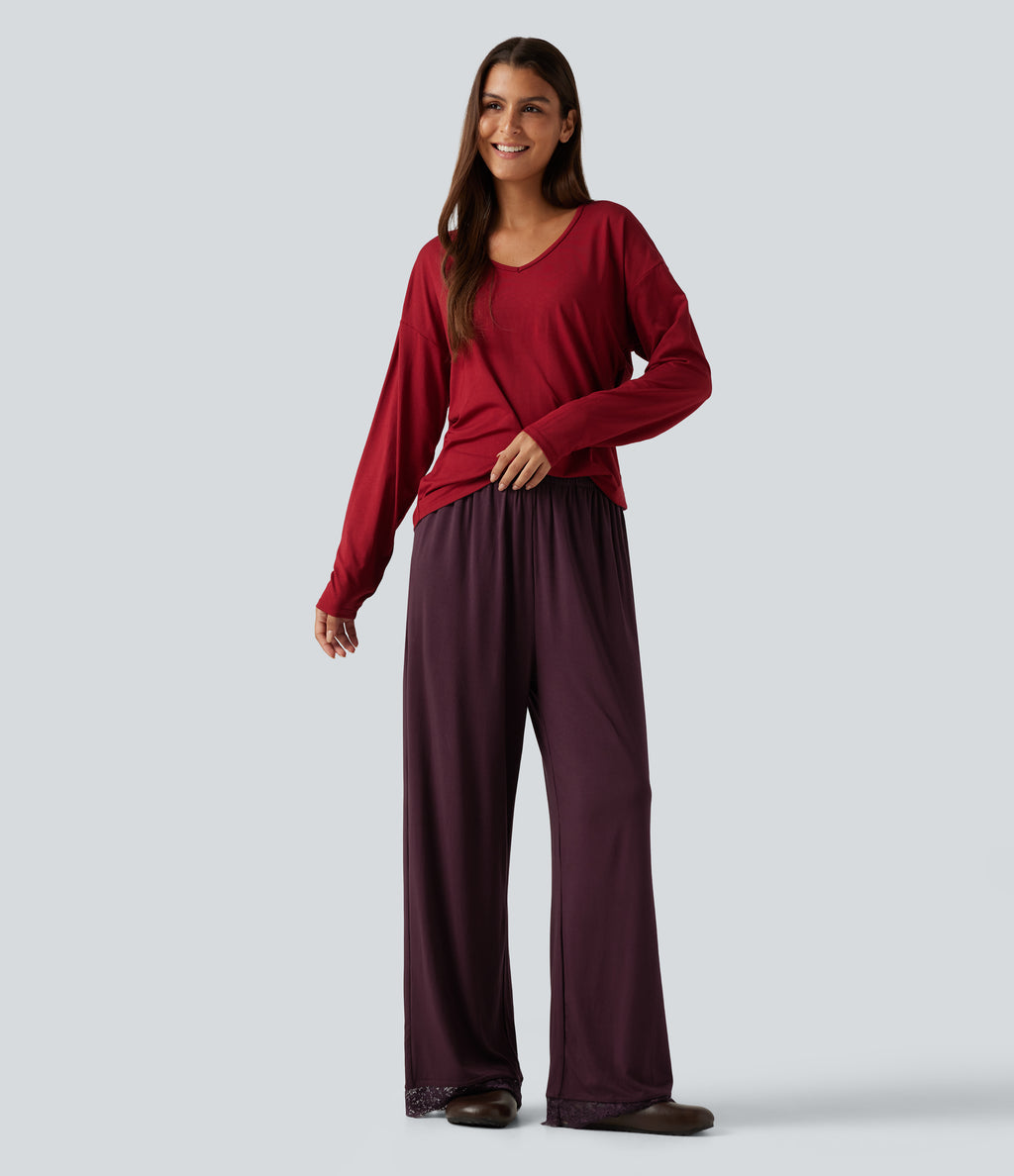 Mid Rise Contrast Lace Wide Leg Lounge Trousers with Pockets — Fig — view 7