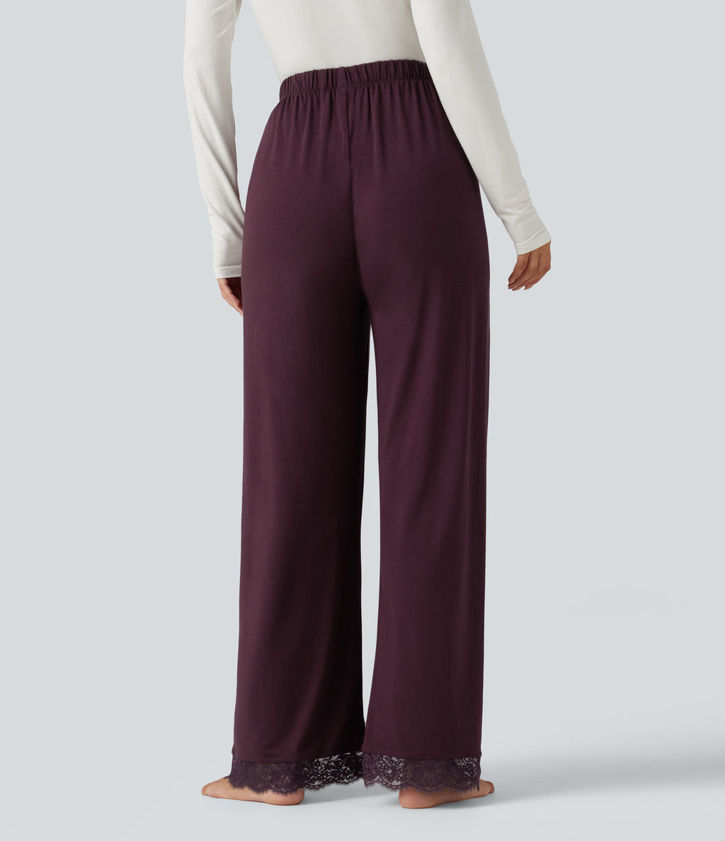 Mid Rise Contrast Lace Wide Leg Lounge Trousers with Pockets — Fig — view 2