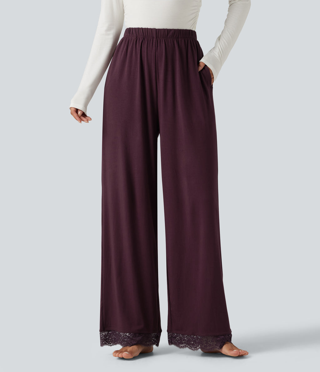 Mid Rise Contrast Lace Wide Leg Lounge Trousers with Pockets — Fig — view 1