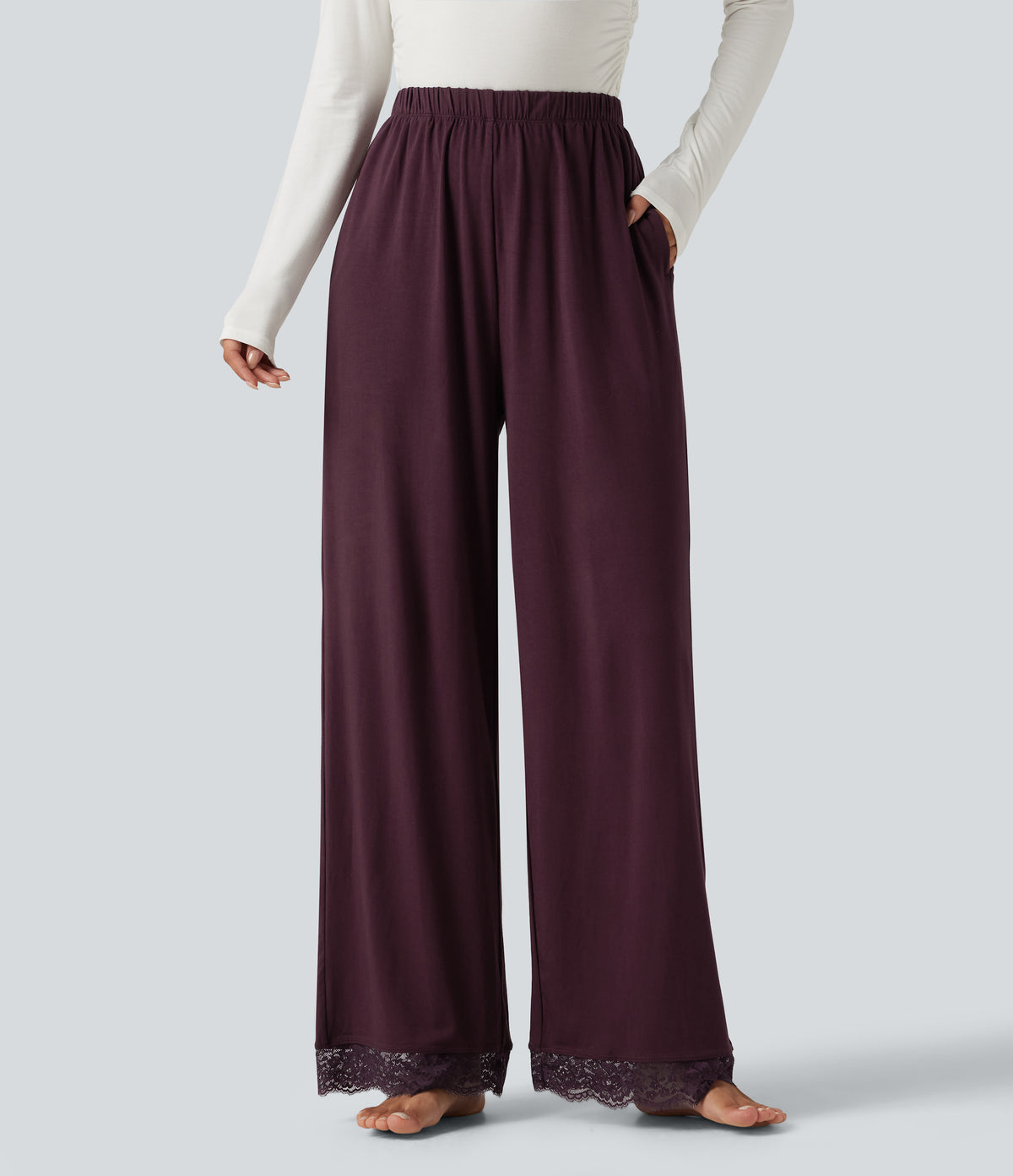 Mid Rise Contrast Lace Wide Leg Lounge Trousers with Pockets — Fig — view 1