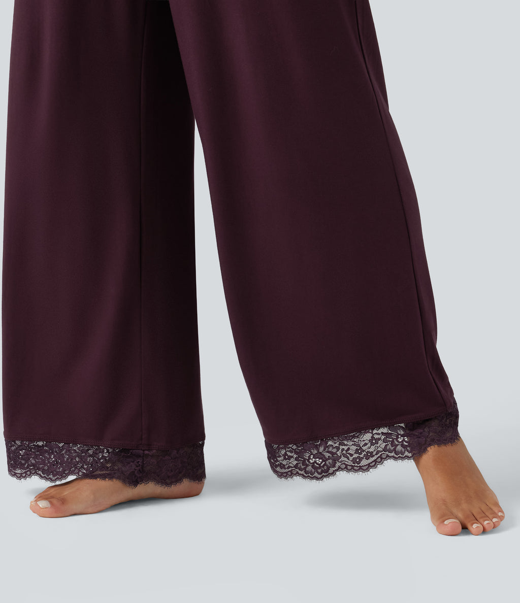 Mid Rise Contrast Lace Wide Leg Lounge Trousers with Pockets — Fig — view 5
