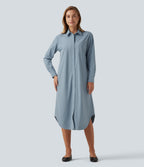 Long Sleeve Midi Work Shirt Dress with Pocket — Mountain Spring — view 1