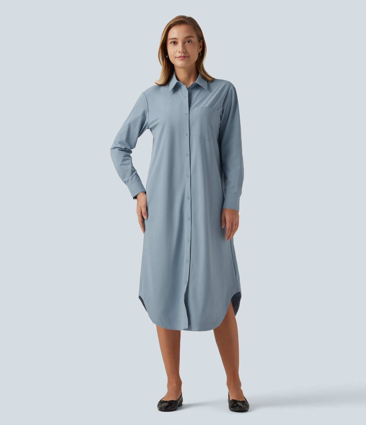 Long Sleeve Midi Work Shirt Dress with Pocket — Mountain Spring — view 1