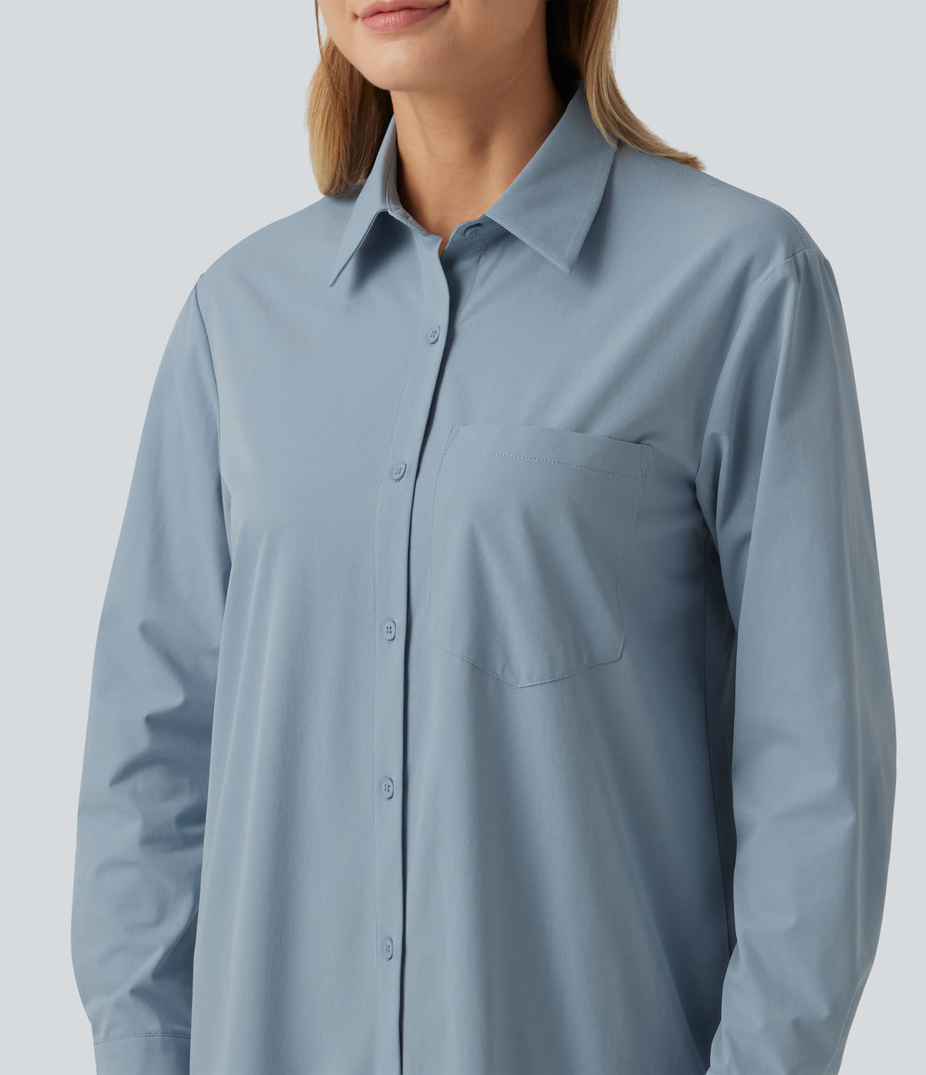 Long Sleeve Midi Work Shirt Dress with Pocket — Mountain Spring — view 5