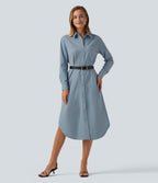 Long Sleeve Midi Work Shirt Dress with Pocket — Mountain Spring — view 4