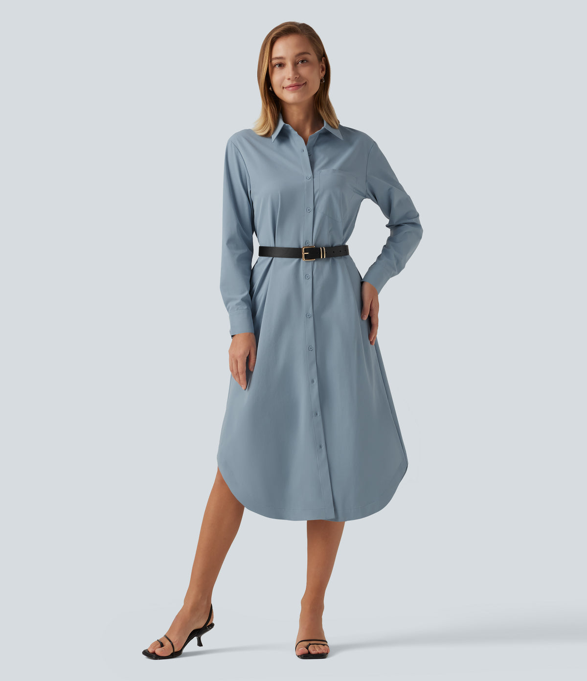 Long Sleeve Midi Work Shirt Dress with Pocket — Mountain Spring — view 4