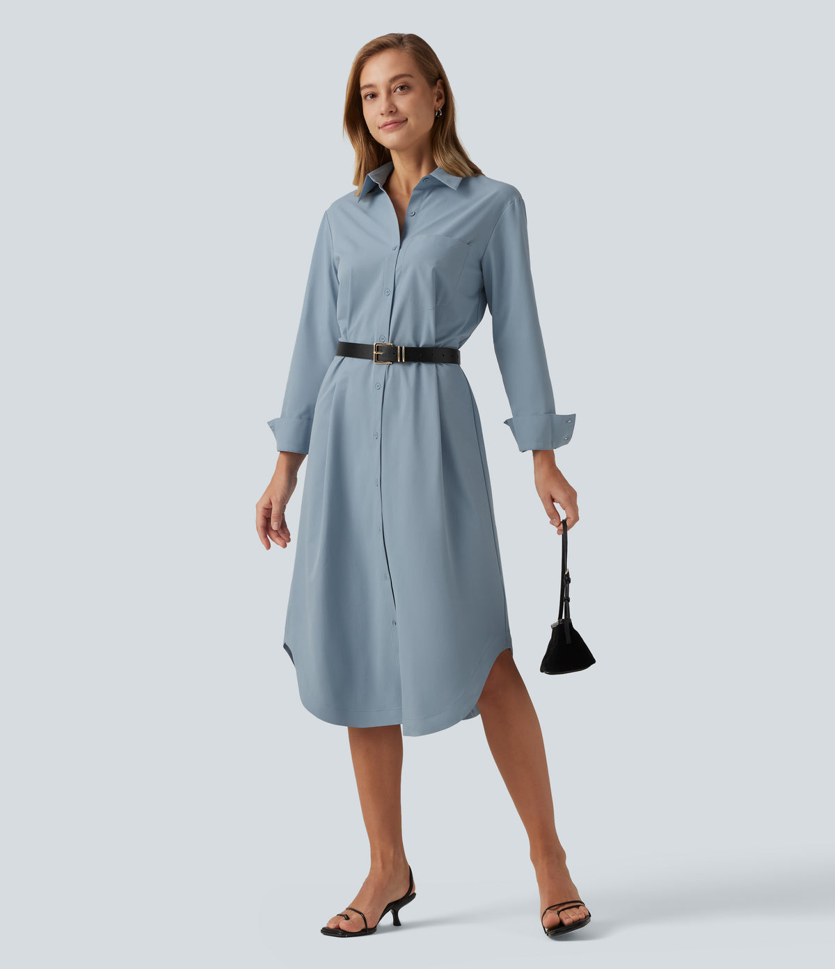 Long Sleeve Midi Work Shirt Dress with Pocket — Mountain Spring — view 8