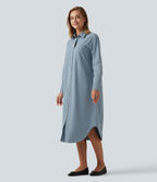 Long Sleeve Midi Work Shirt Dress with Pocket — Mountain Spring — view 3