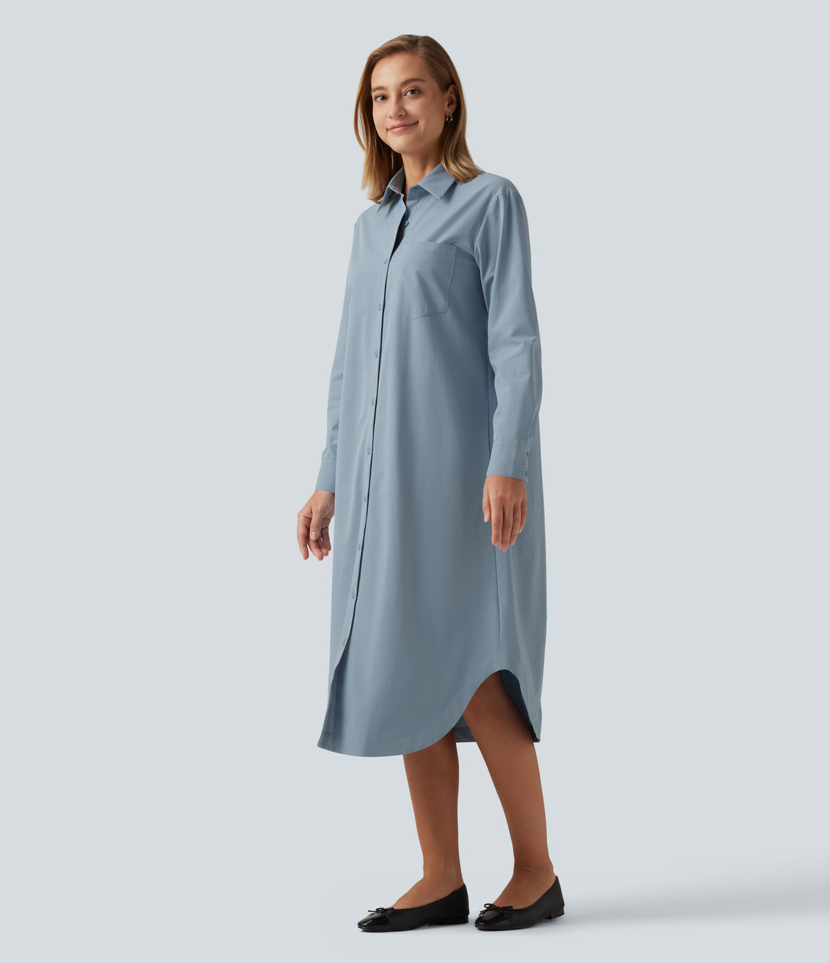 Long Sleeve Midi Work Shirt Dress with Pocket — Mountain Spring — view 3
