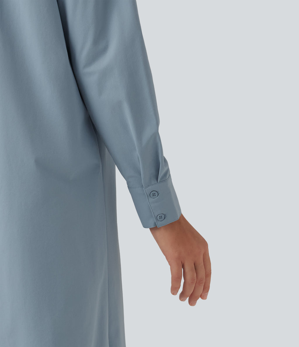 Long Sleeve Midi Work Shirt Dress with Pocket — Mountain Spring — view 6