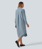 Long Sleeve Midi Work Shirt Dress with Pocket — Mountain Spring — view 2
