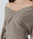 Off Shoulder Batwing Long Sleeve Asymmetric Casual Top — Taupe Stripe — view 6
