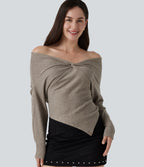 Off Shoulder Batwing Long Sleeve Asymmetric Casual Top — Taupe Stripe — view 1