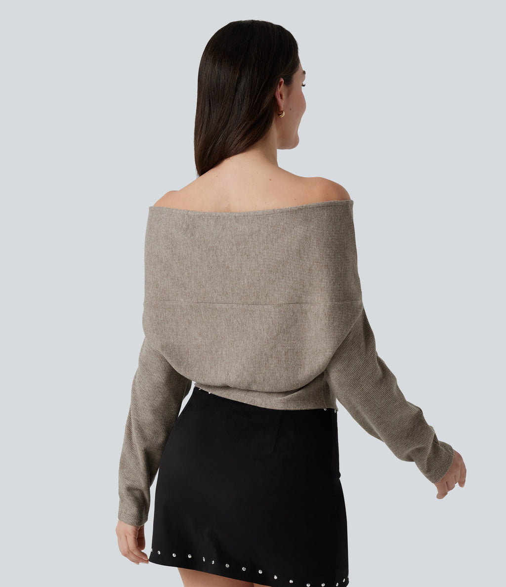 Off Shoulder Batwing Long Sleeve Asymmetric Casual Top — Taupe Stripe — view 2