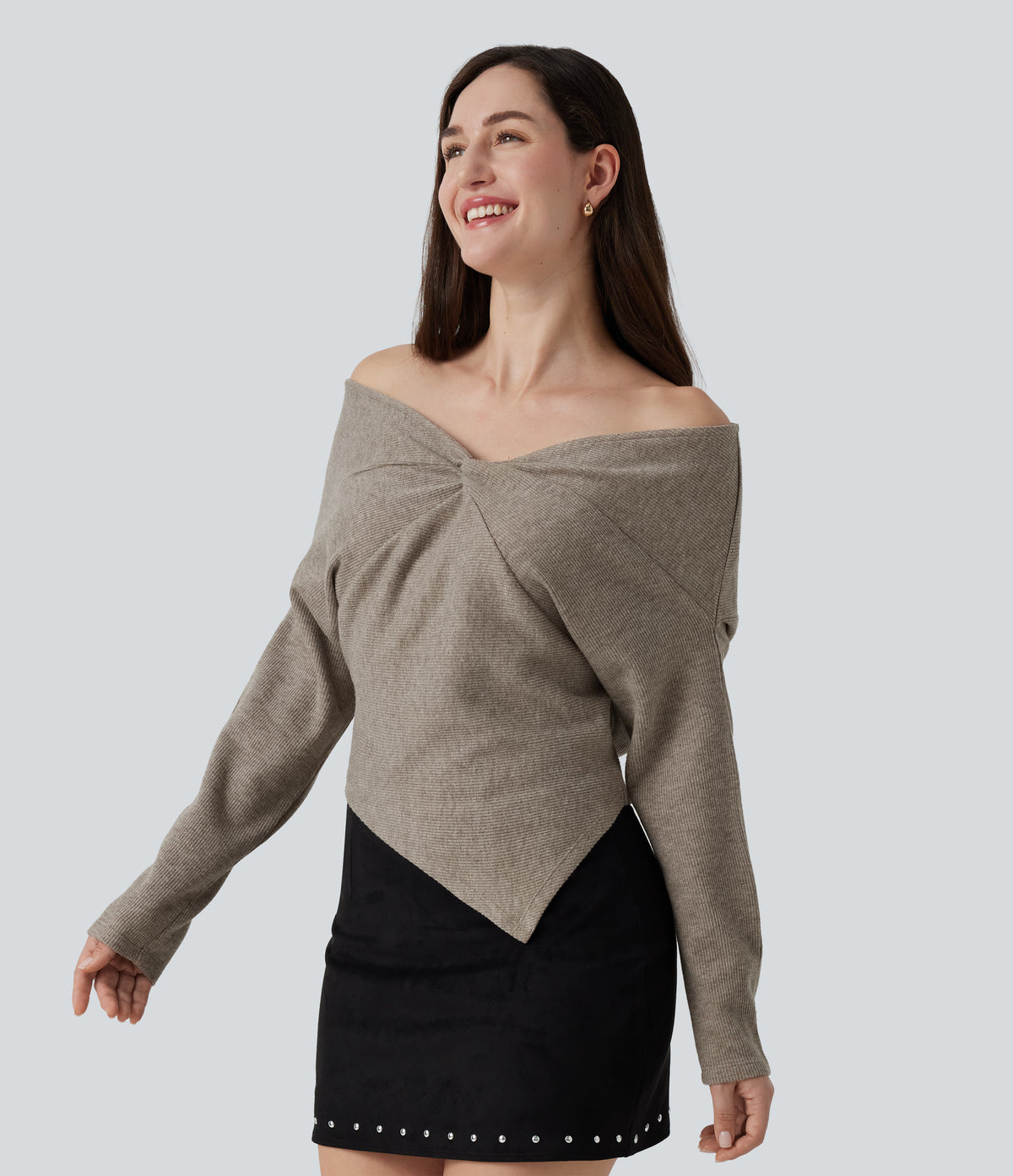 Off Shoulder Batwing Long Sleeve Asymmetric Casual Top — Taupe Stripe — view 3