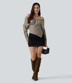 Off Shoulder Batwing Long Sleeve Asymmetric Casual Top — Taupe Stripe — view 7