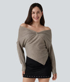 Off Shoulder Batwing Long Sleeve Asymmetric Casual Top — Taupe Stripe — view 4