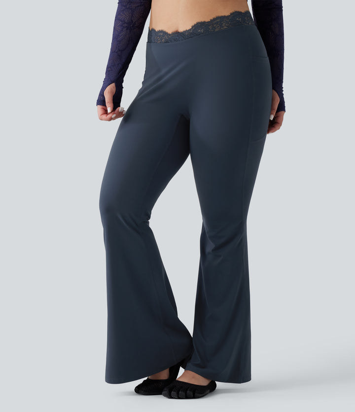 Plus Size V-Shaped High Waisted Contrast Lace Yoga Flare Leggings with Pockets — Carbon — view 1