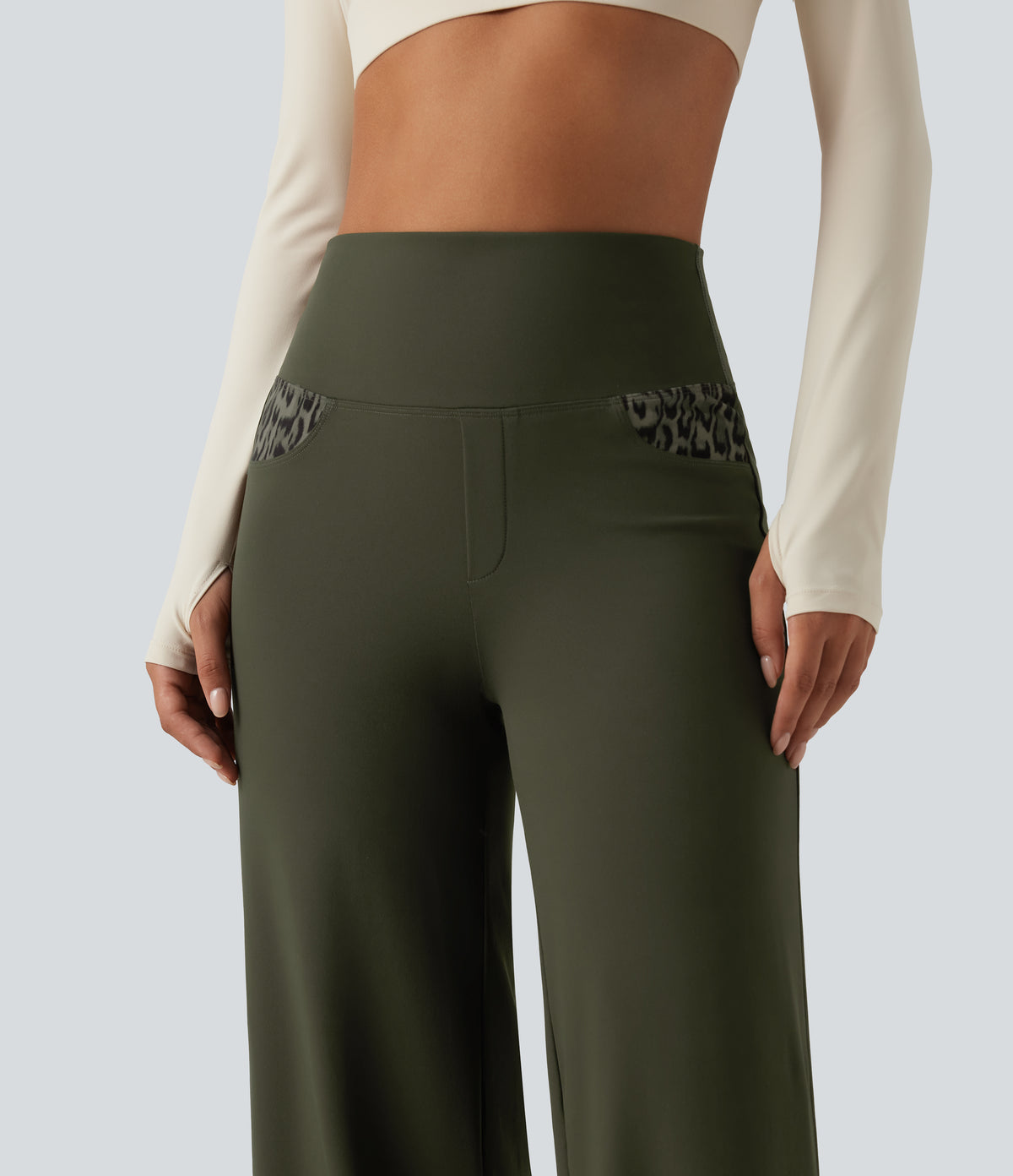 High Waisted Leopard Tummy Control Wide Leg Yoga Trousers with Pockets — Forest Night — view 5