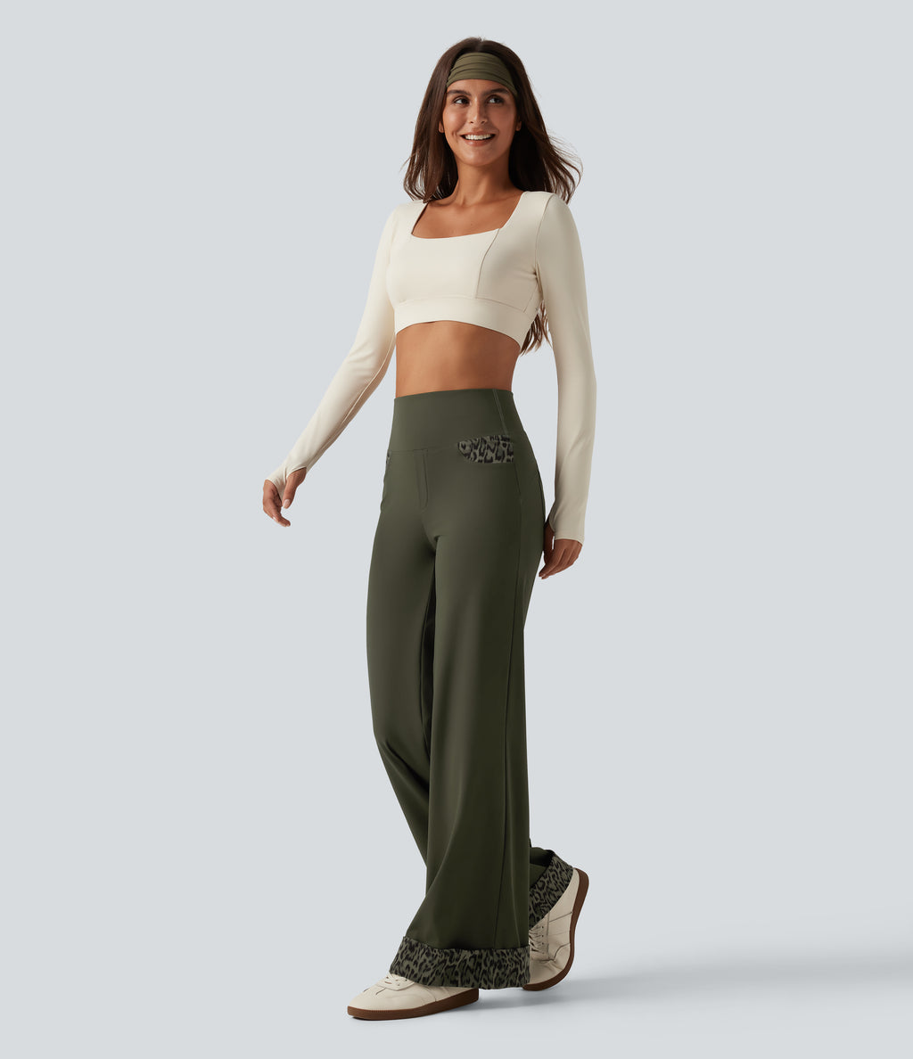 High Waisted Leopard Tummy Control Wide Leg Yoga Trousers with Pockets — Forest Night — view 8