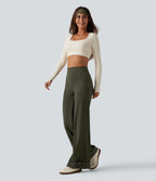 High Waisted Leopard Tummy Control Wide Leg Yoga Trousers with Pockets — Forest Night — view 8