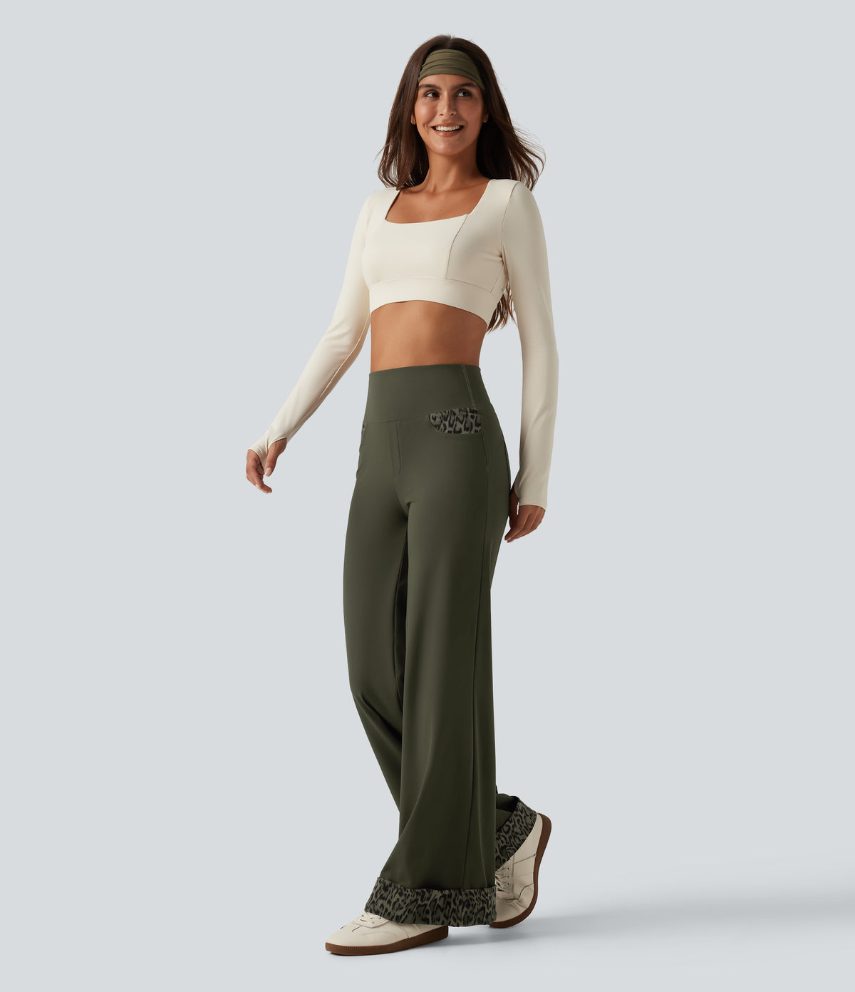 High Waisted Leopard Tummy Control Wide Leg Yoga Trousers with Pockets — Forest Night — view 8