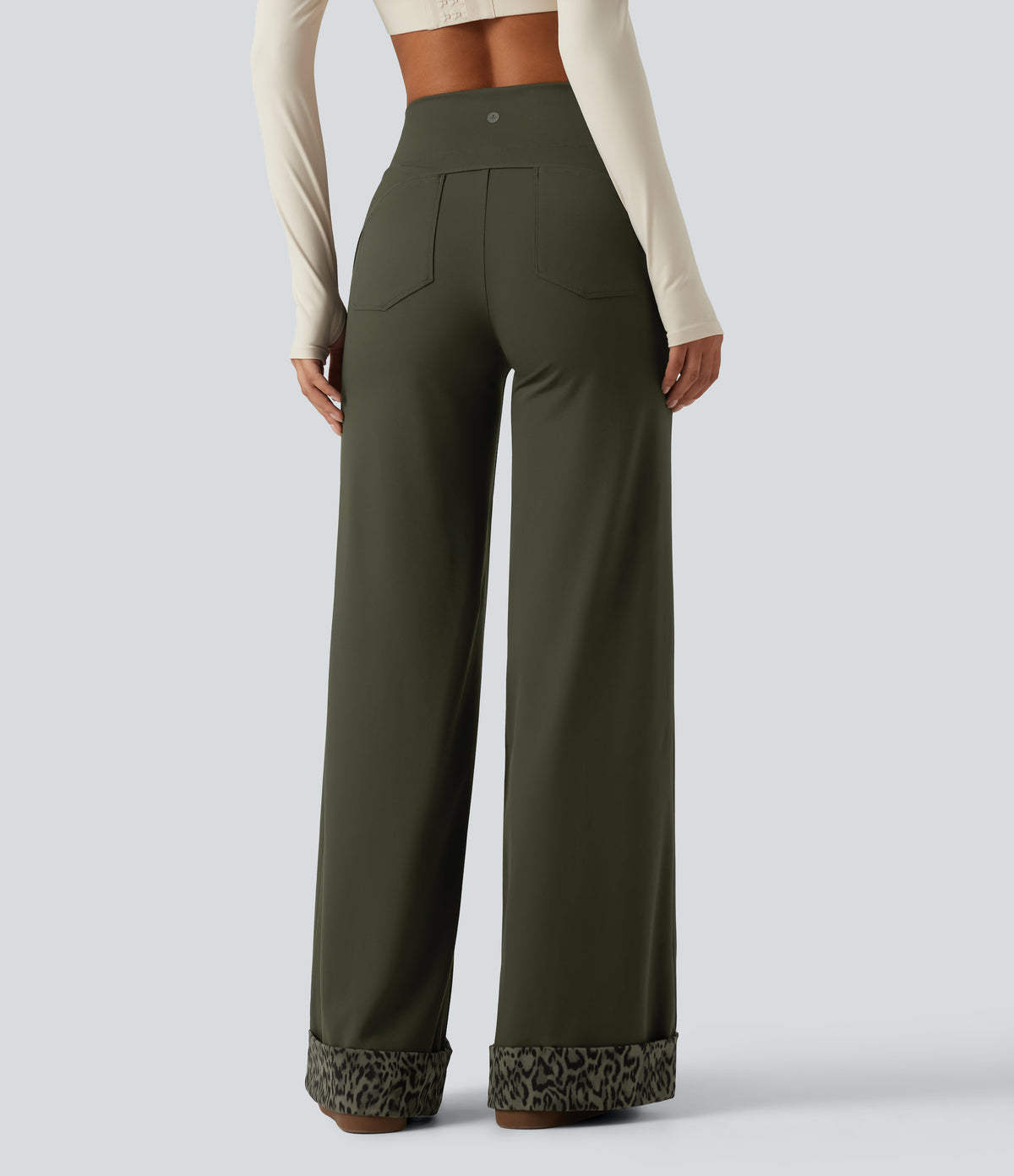 High Waisted Leopard Tummy Control Wide Leg Yoga Trousers with Pockets — Forest Night — view 2