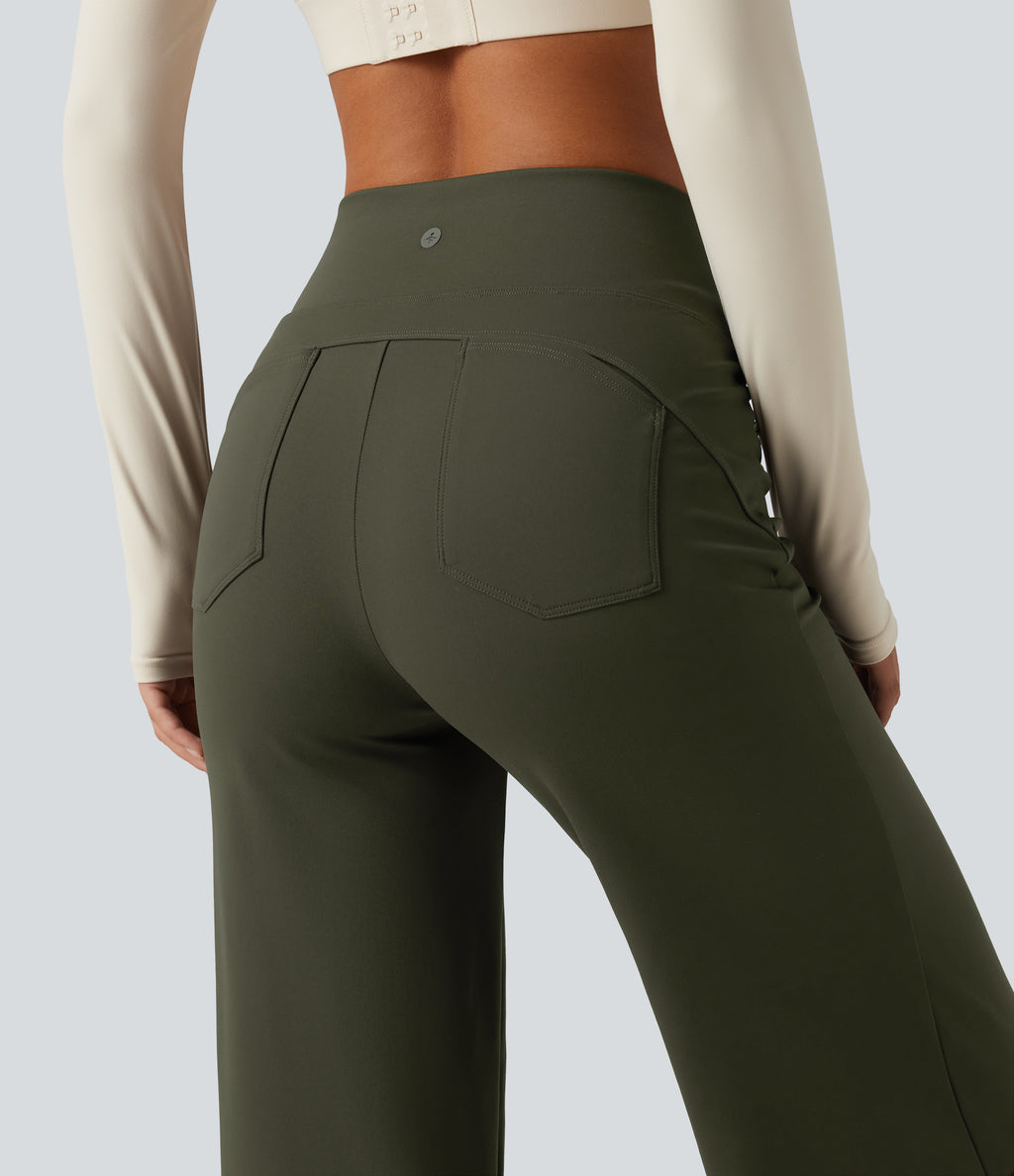 High Waisted Leopard Tummy Control Wide Leg Yoga Trousers with Pockets — Forest Night — view 4
