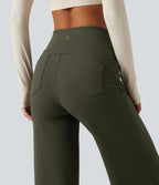 High Waisted Leopard Tummy Control Wide Leg Yoga Trousers with Pockets — Forest Night — view 4
